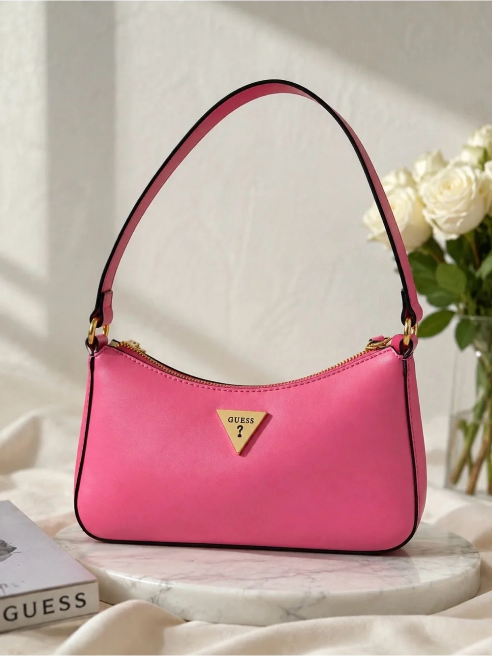 Guess Pink Mini Shoulder Bag with Gold Triangle Logo